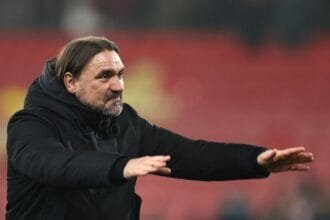 Daniel Farke, Manager of Leeds United, celebrates after the team
