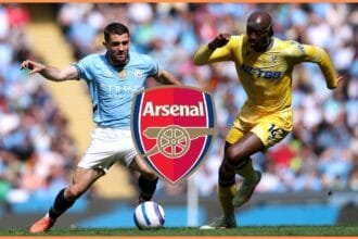 Jean-Philippe Mateta and the Arsenal logo