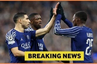 Ousmane Dembele celebrates with his PSG teammates