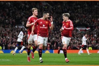 Rasmus Hojlund celebrates during Man Utd