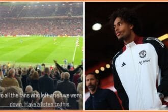 Joshua Zirkzee of Man Utd and a screen grab of Old Trafford