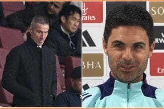 Andrea Berta at Arsenal vs Fulham and Mikel Arteta in a press conference