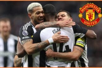 Bruno Guimaraes celebrates with his Newcastle teammates