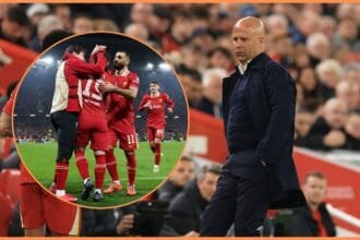 Arne Slot walks on touchline next to picture of Federico Chiesa celebrating.