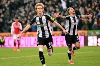 Anthony Gordon celebrates scoring for Newcastle against Arsenal