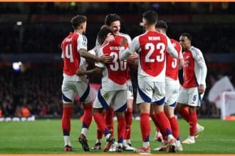 Arsenal players on the pitch