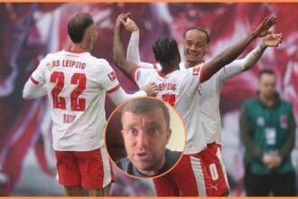 Xavi Simons celebrates with his RB Leipzig teammates