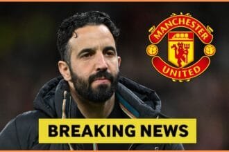 Ruben Amorim and the Man United logo and breaking news banner