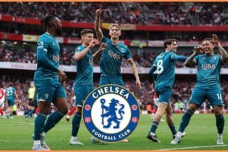 Dean Huijsen celebrates scoring for Bournemouth against Arsenal