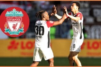 Hugo Ekitike celebrates with Eintracht Frankfurt teammate Michy Batshuayi