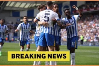 Joao Pedro celebrates with his Brighton teammates