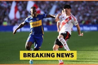 Franco Mastantuono in action for River Plate against Boca Juniors