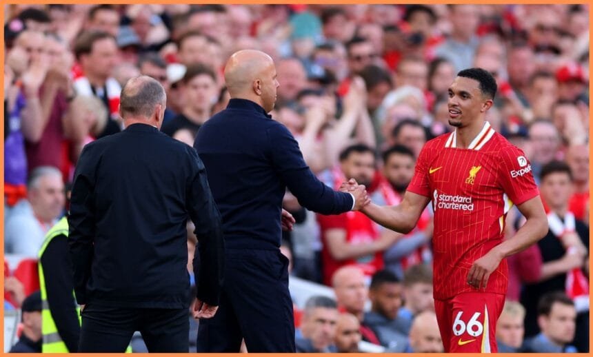 Liverpool manager Arne Slot with Alexander-Arnold