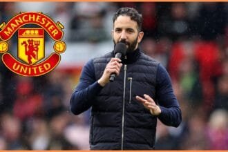 Manchester United manager Ruben Amorim speaking to the crowd at Old Trafford