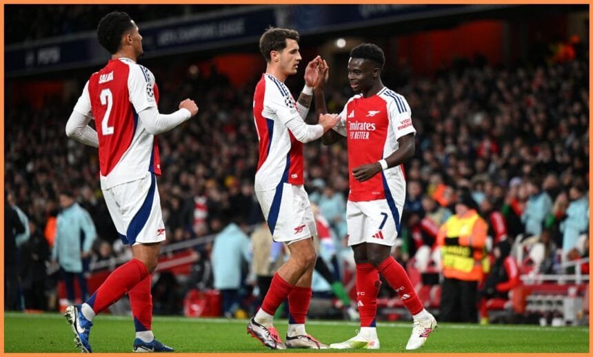 William Saliba celebrates with his Arsenal teammates