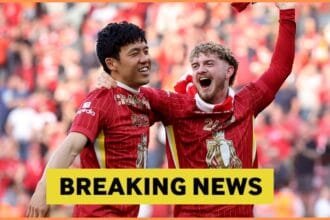 Wataru Endo and Harvey Elliott celebrate Liverpool