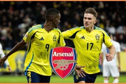 Alexander Isak and Viktor Gyokeres celebrate together for Sweden