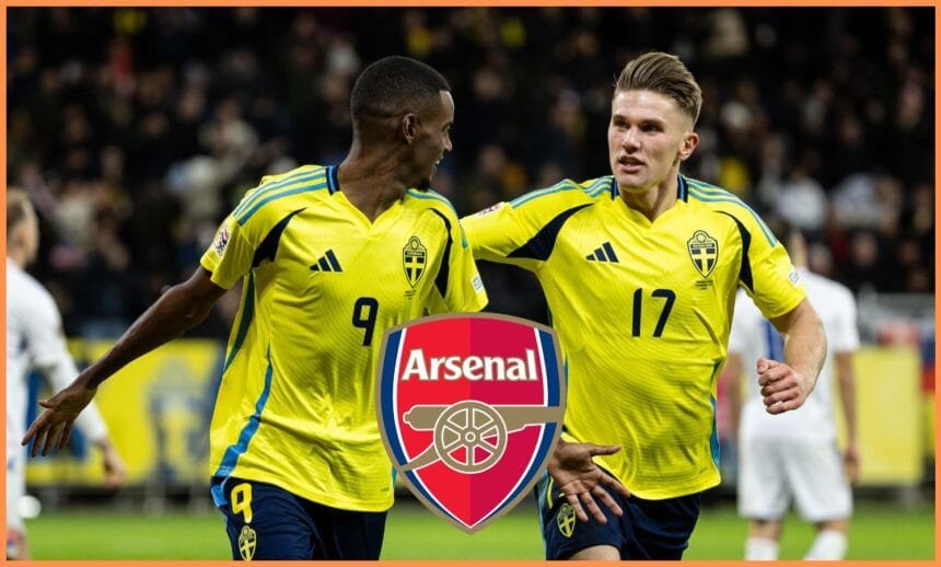 Alexander Isak and Viktor Gyokeres celebrate together for Sweden