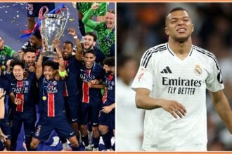 PSG players celebrating and Kylian Mbappe in action for Real Madrid