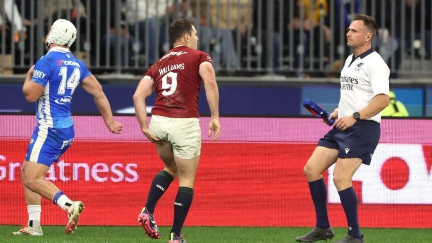 The Lions Ring Red changes as Scrum Half Moss Williams fly through the house