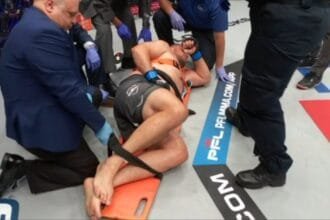 Alexandr Romanov Carried Off on a Stretcher After Suffering Brutal Low Blow - PFL 7 Highlights