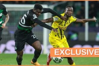 Ousmane Diomande in action for Sporting against Borussia Dortmund
