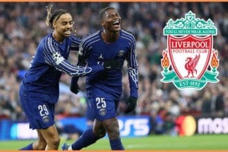 Bradley Barcola celebrates with Nuno Mendes