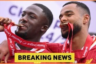 Ibrahima Konate and Cody Gakpo celebrate with their Premier League winners