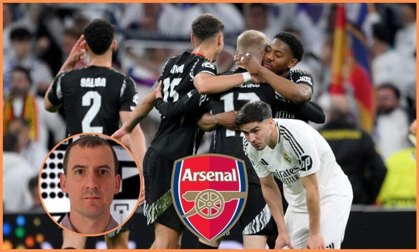 Myles Lewis-Skelly celebrates with his Arsenal teammates after the win over Real Madrid