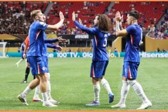 Chelsea players celebrate scoring against LAFC at the Club World Cup