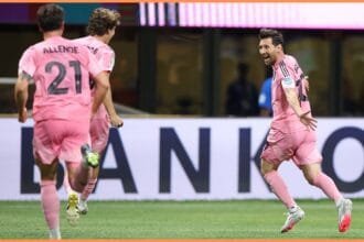 Lionel Messi celebrates scoring his free-kick goal for Inter Miami at the Club World Cup
