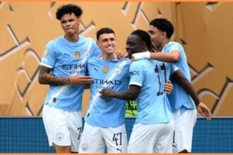 Phil Foden celebrates scoring in Manchester City