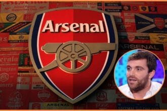 Arsenal logo at the Emirates Stadium, and Fabrizio Romano