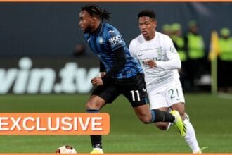 Geny Catamo in action against Ademola Lookman