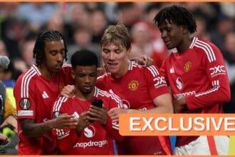 Rasmus Hojlund celebrates with Amad Diallo