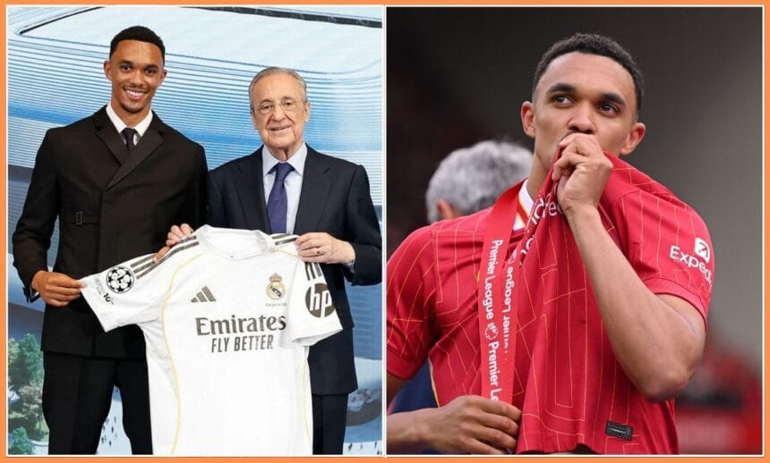 Trent Alexander-Arnold with Real Madrid president Florentino Perez and kissing the Liverpool badge