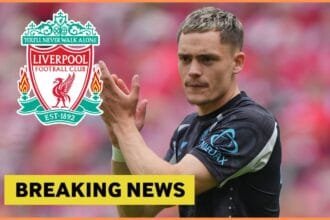 Florian Wirtz of Bayer Leverkusen and the Liverpool FC logo