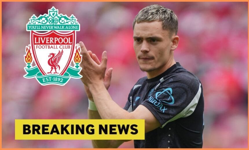 Florian Wirtz of Bayer Leverkusen and the Liverpool FC logo