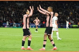 Bradley Barcola celebrates with PSG teammate Lee Kang-in