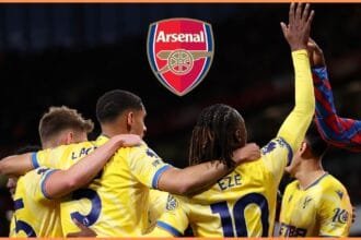 Eberechi Eze celebrates scoring for Palace away to Arsenal last season