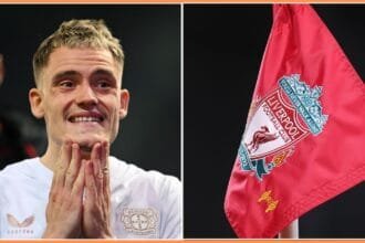 Florian Wirtz and Liverpool FC flag