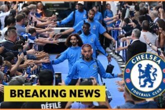 Malo Gusto greets Chelsea fans at Stamford Bridge