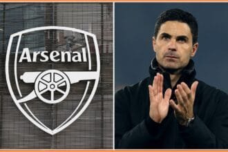 Mikel Arteta and the Arsenal FC logo
