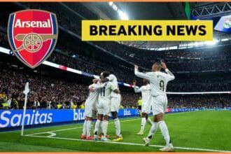 Rodrygo Goes celebrates with his Real Madrid teammates, plus Arsenal logo and