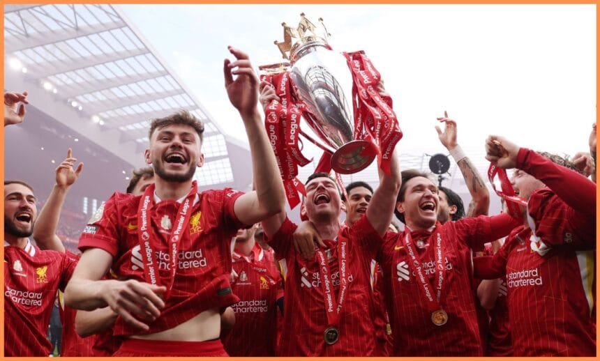 Federico Chiesa and his Liverpool teammates celebrate with the Premier League trophy