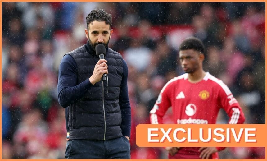 Ruben Amorim holds a microphone speaking to Man Utd fans.