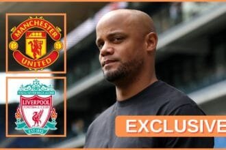Vincent Kompany looks on next to Liverpool and Man Utd club crests.