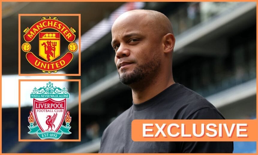 Vincent Kompany looks on next to Liverpool and Man Utd club crests.
