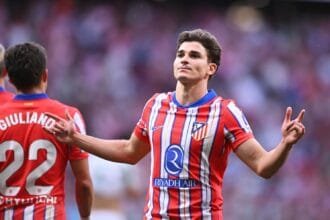 Julian Alvarez celebrates a goal for Atletico Madrid