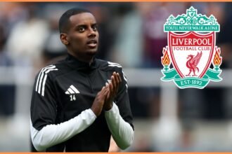 Alexander Isak and the Liverpool FC logo